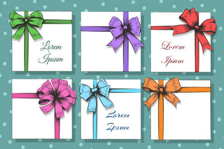 Set of Hand Drawn Cards With colorful Gift Bows And Ribbons. Vector illustrationのイラスト素材