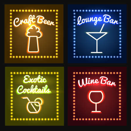 Set of glowing bar neon signs with Shining and glowing neon effects. Vector illustration.のイラスト素材