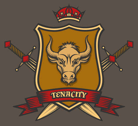 Colorful coat of arms with Bull Head. Vector heraldic emblem with swords and ribbonのイラスト素材