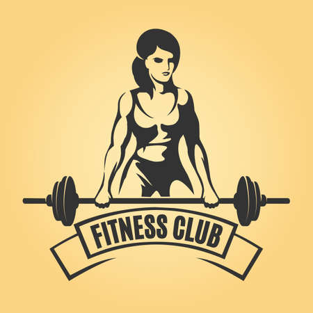 Bodybuilding or Fitness Retro emblem. Athletic Woman Holding Barbell. Vector illustration