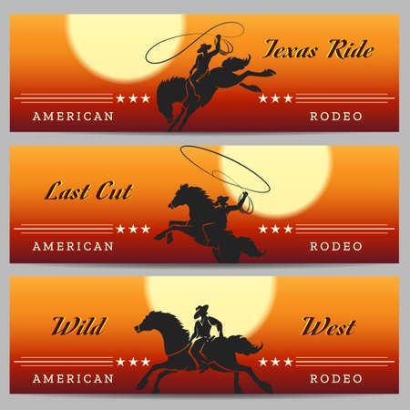 Cowboy Rodeo horizontal banners set with desert rodeo and rider silhouettes. Vector illustrationのイラスト素材