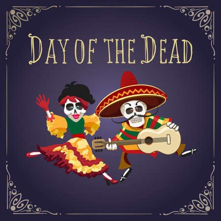 Poster to Mexican holiday Day of the dead with dancing skeletons in festive clothes. Vector illustrationのイラスト素材