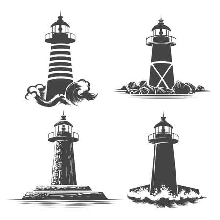 Lighthouse Logo Design Set. Various lighthouse emblems vector illustration.のイラスト素材
