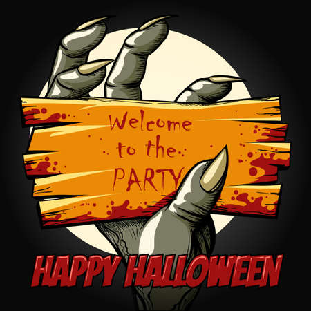 Happy Halloween Poster with monster hand holds invitation to the halloween Party. Vector illustration.のイラスト素材
