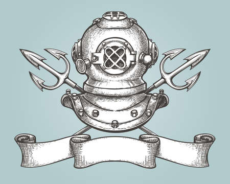 Helmet with tridents and ribbon drawn in vintage style.のイラスト素材