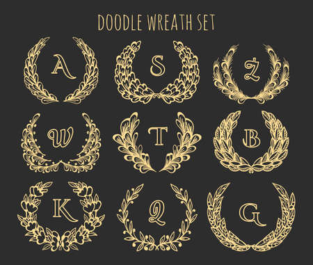 Set of Golden floral wreathes isolated on black.のイラスト素材