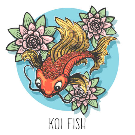 Hand drawn carp fish with flowers drawn in tattoo style.のイラスト素材