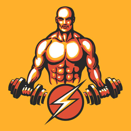 Bodybuilder in training pose with a dumbbell. Gym or fitness club emblem. Vector illustrationのイラスト素材