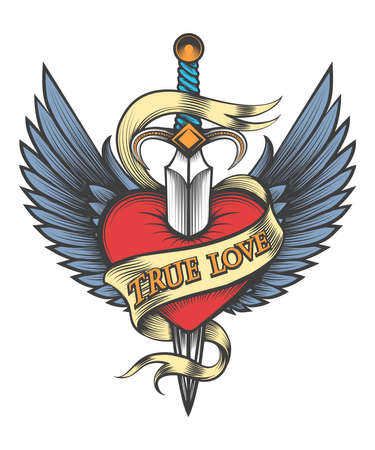 Heart with wings pierced by dagger and ribbon with lettering True Love drawn in tattoo style. Vector illustartionのイラスト素材