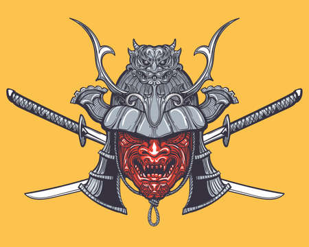 Hand drawn Japanese samurai mask with two crossed swords. Vector illustration in tattoo style. のイラスト素材