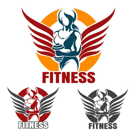 Bodybuilder Gym or Fitness emblem set. Winged Athletic Woman Holds dumbbell in various color variation isolated on white. Vector illustration.のイラスト素材
