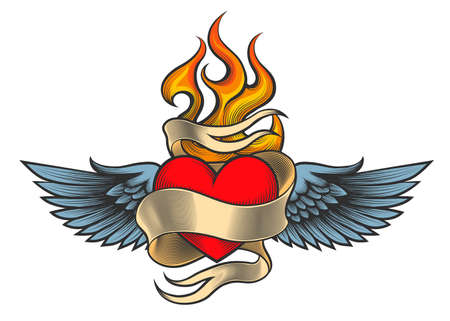 Flaming heart with wings and ribbon drawn in retro tattoo style.のイラスト素材