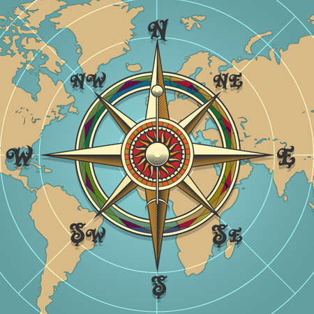 Classic vintage wind compass rose on map background drawn in retro style. Vector illustration.