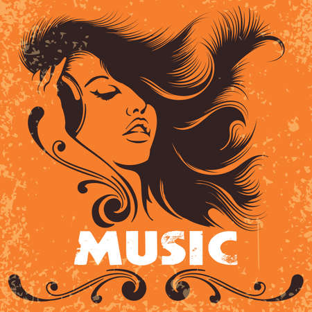 beautiful DJ girl with headphones. Music Poster in retro grunge style. Vector illustration.のイラスト素材