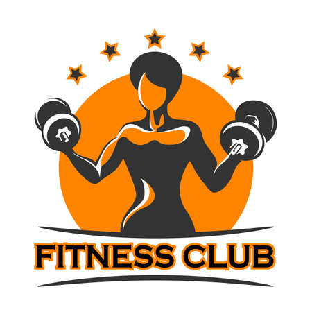 Bodybuilder or Fitness logo template. Athletic Woman Holding Weight Silhouette with wording fitness club and stars. Vector illustration.のイラスト素材