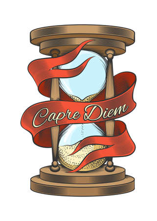 Hourglass with ribbon and wording Capre Diem means Seize the day. Colorful hand drawn vector illustration in engraving style isolated on white background.のイラスト素材