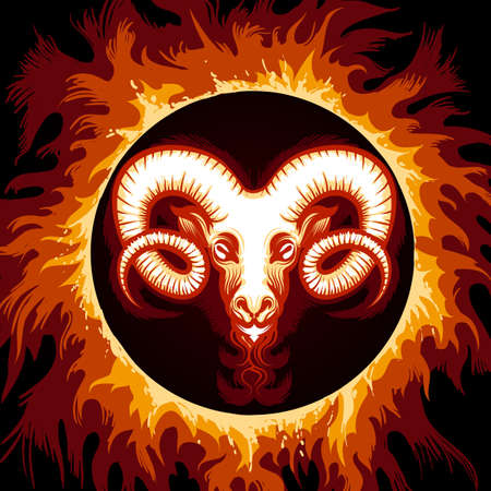 Ram head in Flame. Zodiac symbol Aries on fire background. Vector illustration.のイラスト素材