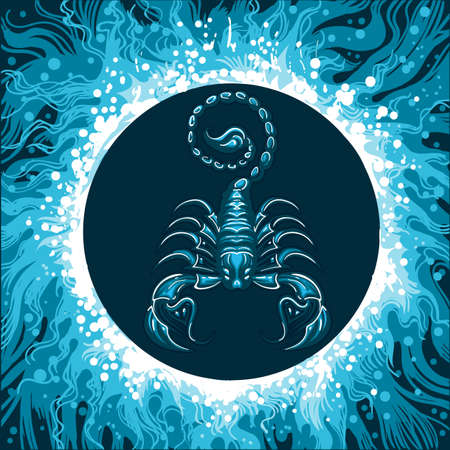Scorpion in Water Circle. Zodiac symbol of Scorpio on water background. Vector illustration.のイラスト素材