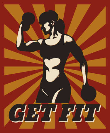 Sport Fitness typographic poster in retro style. Training atletic woman with motivational lettering Get Fit. Design for banner, poster, gym, bodybuilding or fitness club.のイラスト素材