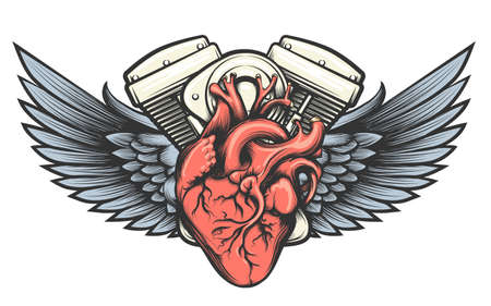 Motorcycle engine with wings tatoo label. Vector illustration.のイラスト素材