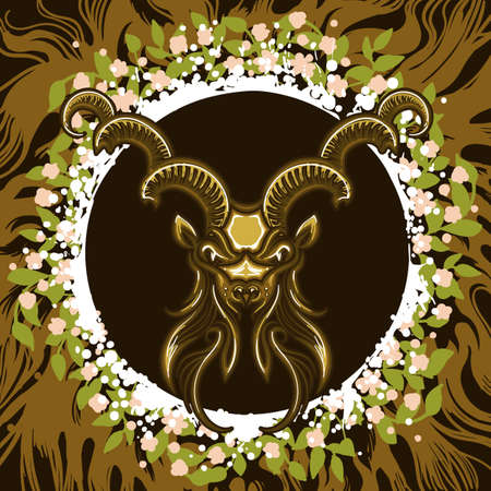 Capricorn head in Frame of leaves and roots. Zodiac symbol of Capricorn on earth background. Vector illustration.のイラスト素材