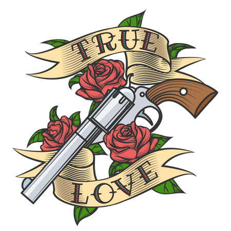 Tattoo revolver and rose flowers with love banner vector illustration.のイラスト素材