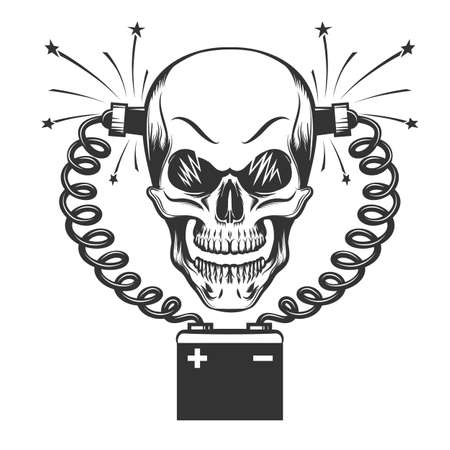 Smilling Skull charging by car battery drawn in engraving style. Vector illustration.のイラスト素材