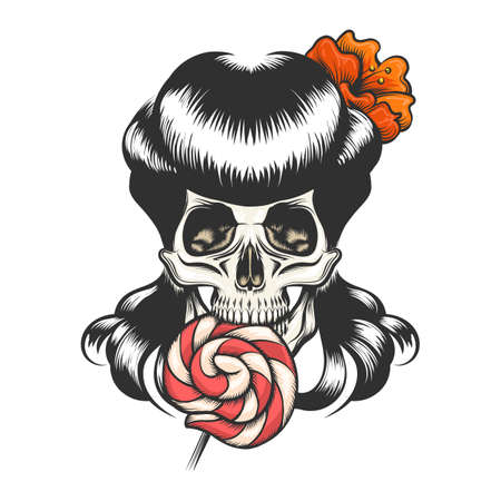 Human skull with retro hairdress eating lollipop. Tattoo design for Halloween. Vector illustration.のイラスト素材