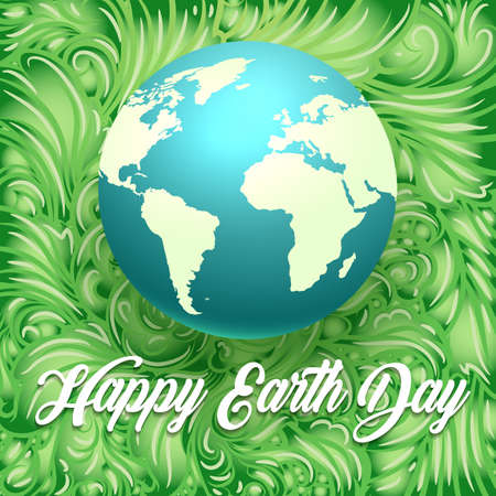 Happy Earth Day Illustration. Globe with the words Happy Earth Day on green leaves background. Vector illustration.のイラスト素材