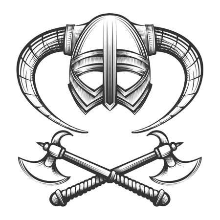 Viking helmet with horns and crossed viking axes drawn in engraving style. Vector illustrationのイラスト素材