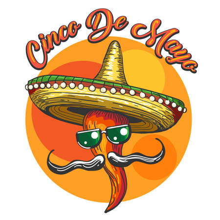 Cheerful red pepper jalapeno in sombrero.のイラスト素材