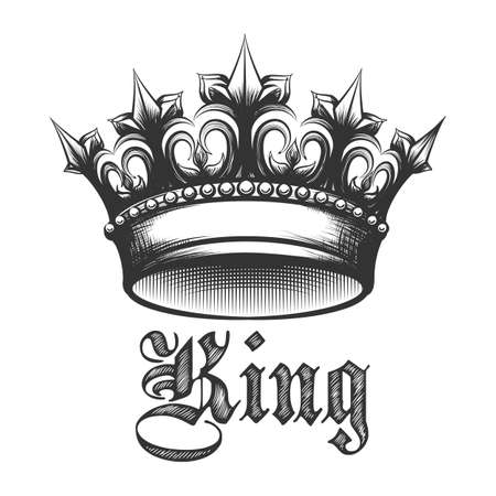 Black and white king crown drawn in Engraving style. Vector illustration.のイラスト素材