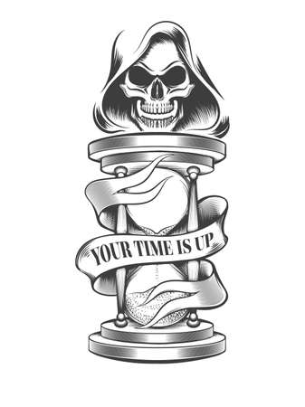 Hourglass with skull in hood and wording Your Time is Up on the ribbonのイラスト素材