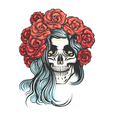 Skull in roses wreath vector illustrationのイラスト素材