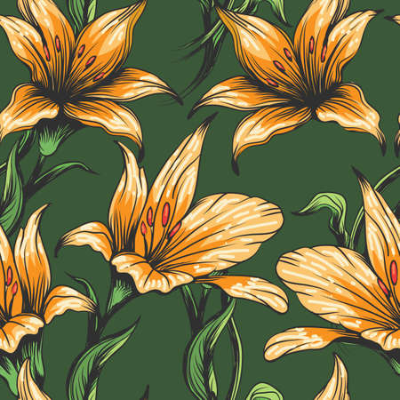 Orchids Seamless pattern drawn in retro style. Vector Illustration.のイラスト素材