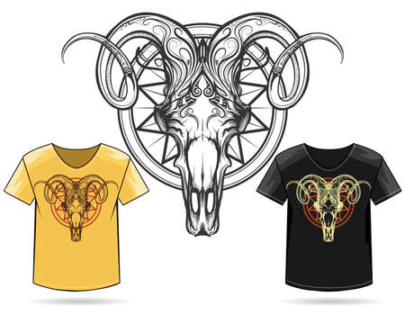 Hand Drawn Ram Skull Print Design. Vector illustration in engraving styleのイラスト素材