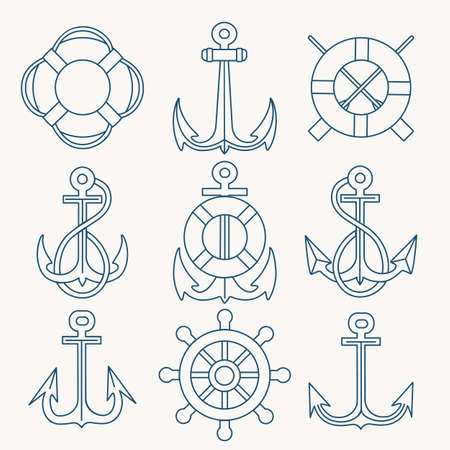 Thin Line Anchors, lifebuoy and steering wheels Emblem set. Vector illustration.のイラスト素材