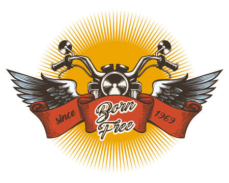 Biker Club Colorful Emblem. Motorcycle with wings and wording Born free. Vector Illustration.のイラスト素材