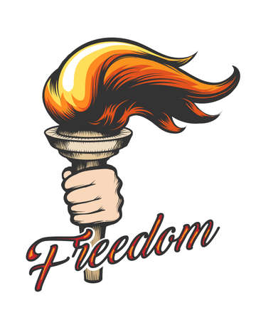 Torch in Human Hand and wording Freedom drawn in tattoo style. Vector Illustration. のイラスト素材