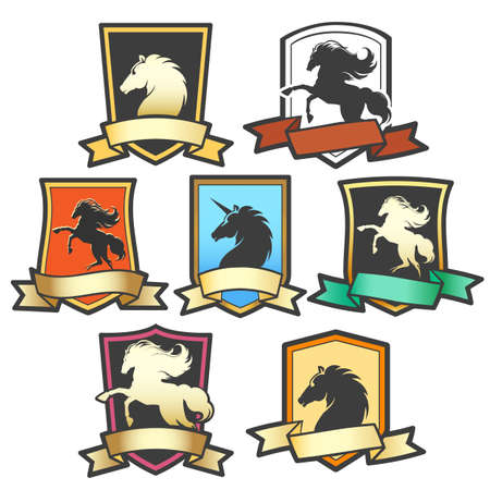 Set of colorful shields with horse silhouettes and ribbon. Vector Illustration.のイラスト素材