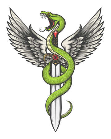 Snake with Wings and Sword drawn in tattoo style. Vector illustration.のイラスト素材