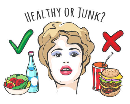 Young Woman make choice between healthy and junk food. Diet and health concept in retro style. Vector Illustration.のイラスト素材