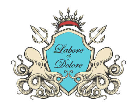 Hand Drawn Coat of Arms with Octopus and Tridents. Vector Illustration.のイラスト素材
