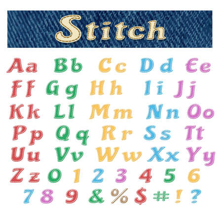 Colorful Hand Drawn alphabet in stitched style. All letters and numbers isolated on white. Vector Illustration.のイラスト素材