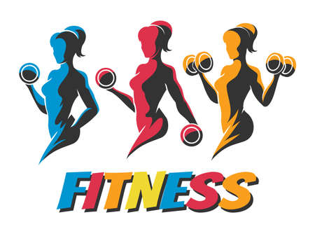Three Colorful Woman Holding Weight Silhouettes.B odybuilder Logos Templates Set. Fitness Logo Design, Emblem Graphics. Vector Illustration.のイラスト素材