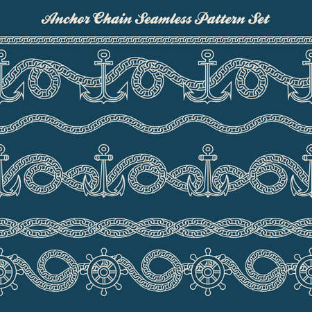Six nautical patterns with anchor and chain. Vector illustration.のイラスト素材
