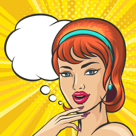 Beautiful woman with red hair and speech bubble for your text. Vector illustration in pop art retro comic style.のイラスト素材