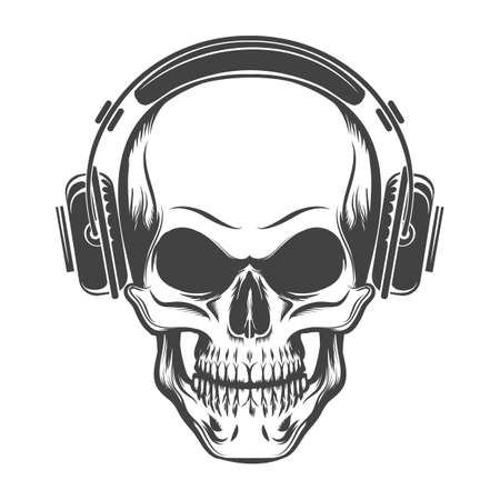 Hand Drawn Human Skull with Headphones. Vector illustration in tattoo style.のイラスト素材