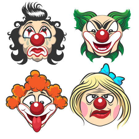 Set of different circus clown faces. Fun and creepy clowns. Vector Illustration.のイラスト素材