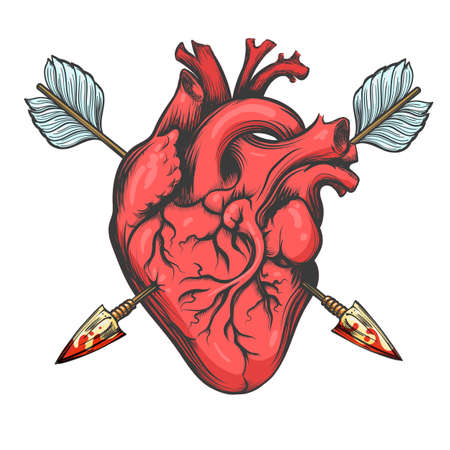 Human heart pierced by two arrows drawn in tattoo style isolated on white background. Vector Illustration.のイラスト素材